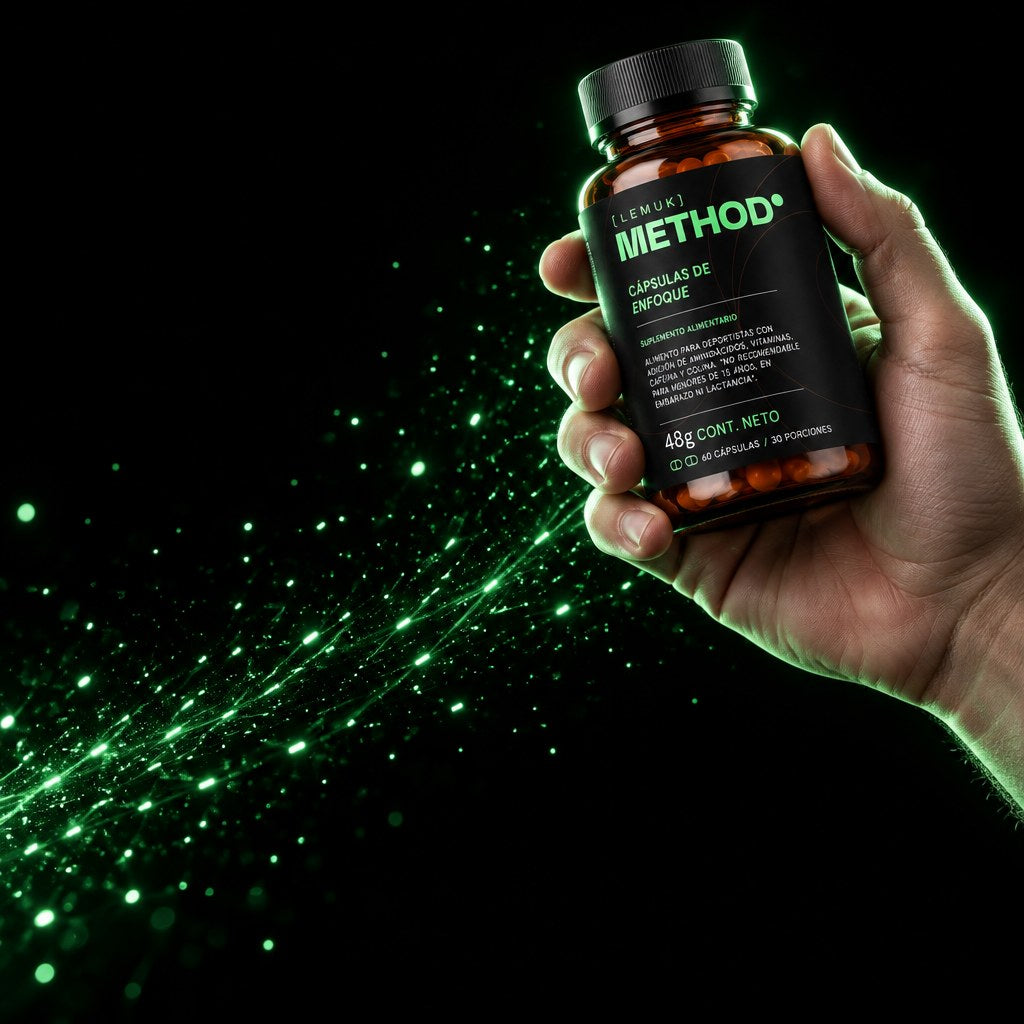 Mano sosteniendo el frasco de METHOD° con chispas menta