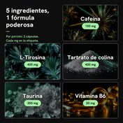 METHOD°: 5 ingredientes, 1 fórmula poderosa. Por porción de 2 cápsulas: cafeína 150 mg, L-tirosina 400 mg, tartrato de colina 400 mg, taurina 350 mg, vitamina B6 20 mg
