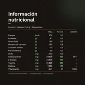 Información nutricional de METHOD°. Porción: 2 cápsulas (1,60 g), 30 porciones. Por porción: 3,7 kcal, 0 g de azúcares, colina tartrato 400 mg, L-tirosina 400 mg, taurina 350 mg, cafeína 150 mg, vitamina B6 20 mg