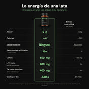 METHOD° vs bebida energética de 473 ml: 0 g de azúcar vs ~52 g, ~4 vs ~220 calorías, sin sellos Alto en, sin saborizantes artificiales ni conservantes, 150 mg de cafeína, L-tirosina 400 mg, tartrato de colina 400 mg, ~$816 por día